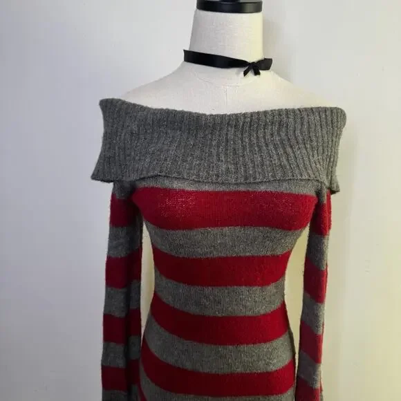 Vintage Y2K Striped Off the Shoulder Sweater Emo Scene Soft Girl Goth Witch S - Picture 2 of 7
